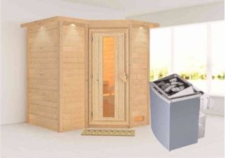 Karibu Sauna Sahib 1 mit Dachkranz + 9kW Saunaofen mit integr. Steuerung Klarglas Ganzglastür