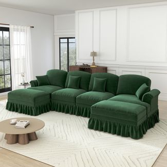 Flieks 4-Sitzer Ecksofa, Modular U-Sofa mit 4 Kissen & 2 Ottoman, abnehmbarer Volant, Flared-Armlehnen & Holzbeinen, Chenille, Grün