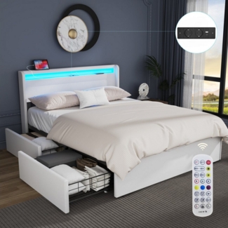 oyajia Polsterbett LED Doppelbett 140x200 cm mit 4 Schubkästen und Kopfteil (LED-Polsterbett mit USB, PU-Leder Material Polsterbett mit Metall Bettgestell, Stauraumbett), Modernes Jugendbett, Leises Design Bett, 4 Ausziehbare Schubladen