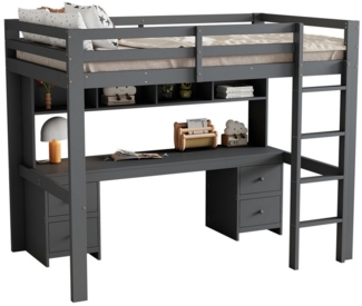 SOFTWEARY Hochbett mit Lattenrost und Schreibtisch (90x200 cm) Kinderbett mit Rausfallschutz, Holzbett