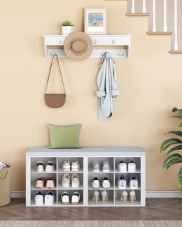 Garderobe mit Sitzbank, Schuhbank mit Sitzfläche, Eingangsbank, Wandgarderobe mit 9 Haken, 12 Fächer, für Wohnzimmer, Flur, 30 x 104 x 49 cm, Weiß-Grau