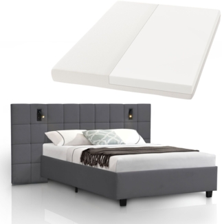 Juskys Polsterbett 140x200 cm Luzano - Bett mit LED, Matratze, Lattenrost & Kopfteil - Modernes Bettgestell aus Holz & Samt - Doppelbett - Dunkelgrau