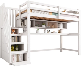 OKWISH Kinderbett Jugendbett Holzbett Einzelbett (Kinderhochbett 90x200 cm mit Stauraumtreppe und Schreibtisch, für Kinderzimmer), ohne Matratze