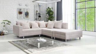 Wohnlandschaft Sofa Couch Ecksofa Eckcouch Cordstoff beige + Hocker Minsk R