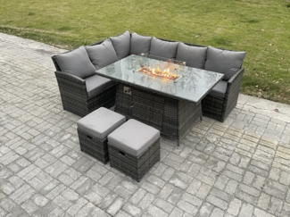 Fimous Outdoor Gartenmöbel-Set Hoher Rücken Ecksofa Gas Feuertisch Sets mit 2 kleine Fußhockern 8 Sitzer Dunkelgrau gemischt
