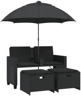 vidaXL Gartensofa 2-Sitzer Sonnenschirm und Hocker Schwarz Poly-Rattan 365883