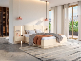 Vente-unique - Bett mit Nachttischen + Lattenrost - 160 x 200 cm - Mit LED-Beleuchtung - Beige - ELYNIA
