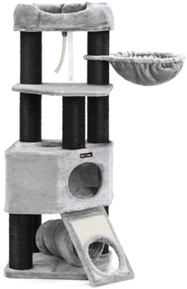 Feandrea Kratzbaum mit Höhle, Hängematte, Plüschplattform & Tunnel, 50 x 50 x 141 cm, Hellgrau / Schwarz