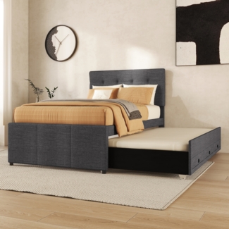 Polsterbett 90x200 cm mit Gästebett und 3 Schubladen, höhenverstellbares Kopfteil,stabiler Holzrahmen, grau