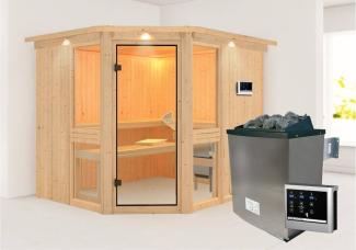 Karibu Sauna Amelia 3 mit Dachkranz + 9kW Saunaofen mit ext. Steuerung