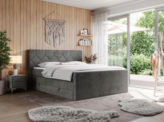 Boxspringbett KING EIGAR, mit einer Doppelmatratze, einem genähten Kopfteil - 200x200 - Dunkelgrau Velours - H4