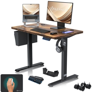KESSER® Höhenverstellbarer Schreibtisch elektrisch | Ergonomisch Steh-Sitz Schreibtisch | 3-Funktions-Memory Steuerung | Inkl. 360° Rollen & USB-Ladeanschluss | Computertisch für Homeoffice Braun, 140 x 70 cm