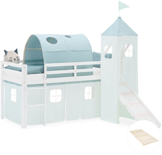 Hochbett Kinder 90x200 cm mit Lattenrost Rutsche Kinderbett Stockbett Vorhang Tunnel Turm Grün Mintgrün