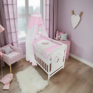 Gitterbett 120 × 60 Babybett holz Bär auf dem Mond in Rosa
