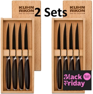 KUHN RIKON Steakbesteck BLACK FRIDAY Angebot Hochwertiges Steakbesteck Steakmesser Black Peak (8-tlg), 4 Personen, Edelstahl, japanischer Edelstahl mit Buchenholz-Box