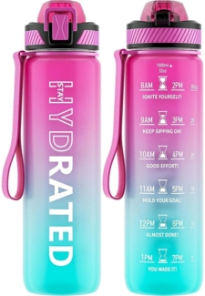 QLUR Trinkflasche 1L BPA-Frei mit Strohhalm und Zeitmarkierung Lila Grün