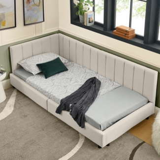 Polsterbett 90x200 cm mit hoher Rückenlehne, Velvet Bezug, Beige, stabiler Metallrahmen, Eukalyptusholz