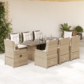 vidaXL 9-tlg. Garten-Essgruppe mit Kissen Beige Poly Rattan 3262792