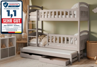 Kids Collective Etagenbett Hochbett Stockbett Kinderbett 90x200 cm mit Ausziehbett und Schubladen (Modell 2025, mit drei Matratzen inklusive), Umbaubar zu 3 Einzelbetten mit Lattenrosten & Rausfallschutz, Kaschmir