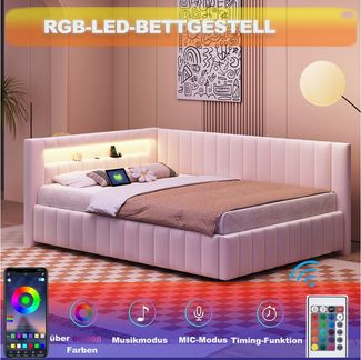 MODFU Polsterbett Daybett Tagesbett Polsterbett Doppelbett Kinderbett Gästebett (mit LED-Licht, USB-Anschluss, Rückenlehne und stabilem Rahmen, für Schlafzimmer & Gästezimmer, 140x200 cm), mit Matratze