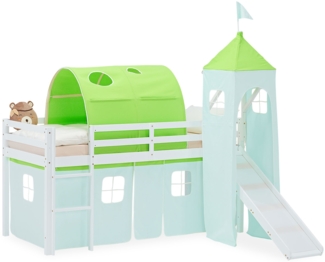 Hochbett Kinder 90x200 cm mit Rutsche Kinderbett Kinderhochbett Stockbett Vorhang Tunnel Turm Grün
