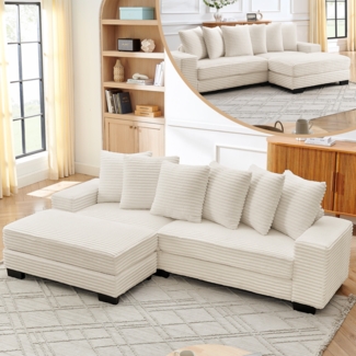 L-förmiges Ecksofa, Klassisches Corduroy, stabilere Kunststoffbeine, modulares Design, inklusive 6 Kissen, ideal für Wohnzimmer, Apartments und Büros, Beige, 256.5 x 133.5 x 89 cm