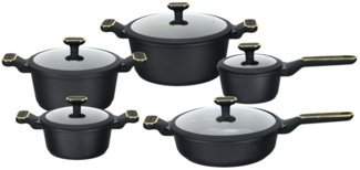 Edenberg Topf-Set Exklusives Topfset Schwarz und Gold Matt Pfanne Kasserollen Glasdeckel, Aluminiumguss, Keramik (1.46L / 1.9L / 2.46L / 4.3L / 6.5L, 10-tlg, Zeitloses Design des Topfsets. Eine ideale Geschenkidee! Hochwertig)