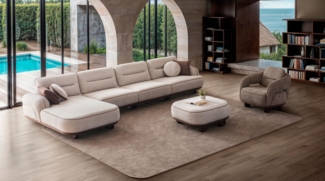 Ecksofa "Betula" + Sessel + Hocker-Beige/Braun