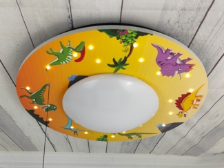 Coole Deckenlampe mit Dino Motiv fürs Kinderzimmer, Schlummerlicht, bunt Ø 54cm