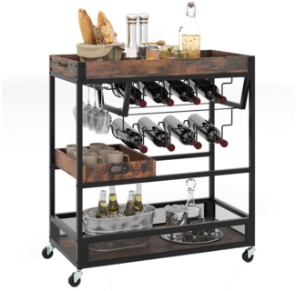 COSTWAY Servierwagen, Rollwagen 3 Ebenen, abnehmbares Tablett, Glashalter, Weinregal