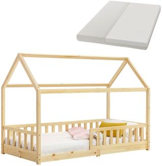 Juskys Kinderbett Marli 90 x 200 cm mit Matratze, Rausfallschutz, Lattenrost & Dach - Massivholz Hausbett für Kinder - Bett in Natur