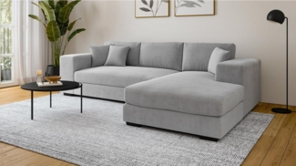 Massivart® Ecksofa EDEN Cord hellgrau / 286 cm, Cordsofa, Wellenunterfederung / schwarze Massivholzbeine
