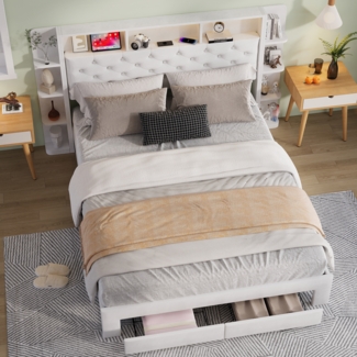 Aufbewahrungsbett mit Schubladen und USB, 140x200cm Wei?es Samt