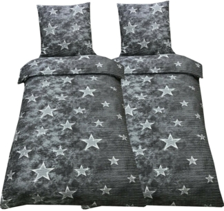 Visaggio Bettwäsche 135x200 cm oder 155x220 cm Allergiker geeignet, Seersucker, 4 teilig, Grau Sterne und Streifen