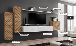 Wohnwand Switch Lamel I mit geriffelte Wotan Fronten und Weißen Hochglanz Fronten 330 x 160 cm 7-teilig