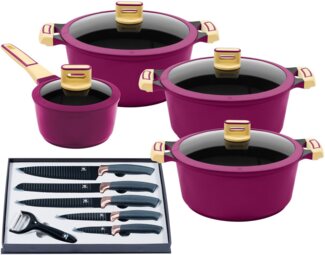 KING Topf-Set GOURMET, Aluminiumguss (Set, 14-tlg, je 1 Kochtopf 18/20/24 cm, 1 Stieltopf 16 cm, Messer-Set), Antihaft-Beschichtung, Induktion