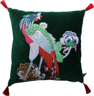 Casa Padrino Luxus Deko Kissen mit Troddeln Bird Green / Red 45 x 45 cm - Feinster Samtstoff - Luxus Deko Accessoires