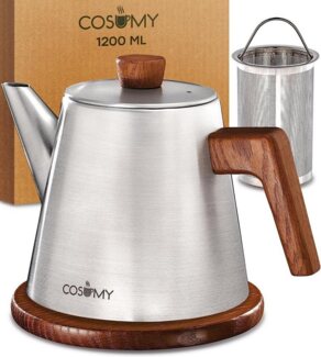 Cosumy Teekanne Teekanne 1,2L Edestahl und Holzgriff, 1,2 l, (Set), Kanne mit Sieb für Tee - Induktion - Tropffrei - Hält lange warm