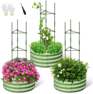 Meulbaty Blumenkasten 3er-Set Rund Metall-Hochbett für Garten mit Rankhilfe, Pflanzenhalter (3 St), für den Anbau von Tomaten, Blumen und Kräutern