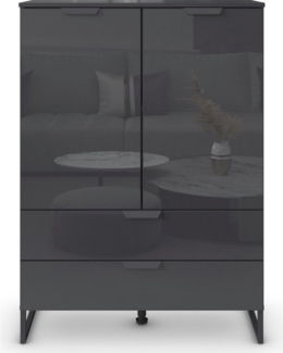 Rauch Möbel Modern by Aditio Hochkommode, Kommode, Highboard, Türkommode, Schrank, 2-türig, 2 Glastüren, 2 Schubladen, Soft-Close, Kufenfuß, Farbe Glas Basalt/Grau metallic, Schwarz, 93 x 130 x 44 cm