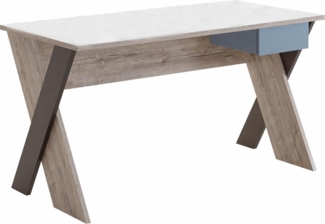 FMD Möbel - NONA 6 - Schreibtisch - melaminharzbeschichtete Spanplatte - Sandeiche Nb/weiß/Lava/Denim - 135 x 76,4 x 67,5cm