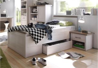 Jugendbett LUCA mit Nachtkommode Pinie weiß und Trüffel