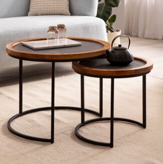 Couchtisch 2er Set Mango Massivholz / Steinoptik Wohnzimmertisch Rund, Satztisch mit Metallgestell, Kaffeetisch Modern, Sofatisch Verschachtelungstisch 2-teilig Braun / Anthrazit