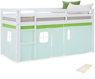 Hochbett Kinder 90x200 cm mit Lattenrost Kinderbett Kinderhochbett Stockbett Vorhang Grün Holz Massiv