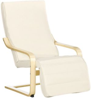 HOMCOM Relaxsessel mit Verstellbarem Fußteil, mit Leinenoptik (Esszimmerstuhl, 1-St, Schwingstuhl), für Wohnzimmer, Birkenholz, Cremeweiß 66,5 x 94 x 100cm
