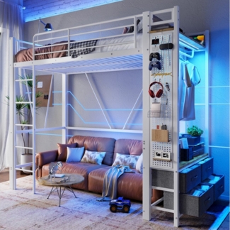 Ulife Hochbett mit Trockenstab, Einlegeböden, 4 Schubladen, USB+TYPE-C Steckdose Kinderbett Jugendbett, 90x200cm