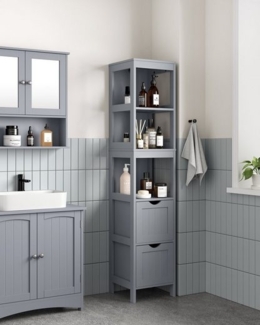 Vasagle Badezimmerschrank mit 2 Schubladen und 3 offene Fächer, MDF, 30 x 30 x 141,5 cm, Taubengrau