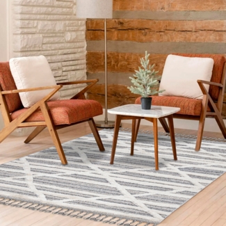 Teppich Wohnzimmer - 140x200cm - Creme Grau Blau - Raute Meliert - Hochtief Effekt - Fransen Deko Boho Flauschig - Cut & Loop Sisal - Schlafzimmer Flur Dekoration Läufer