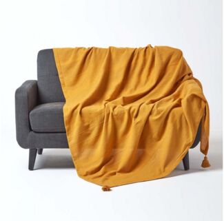 Plaid Tagesdecke Rajput, 100% Baumwolle, senfgelb, 150 x 200cm, Homescapes