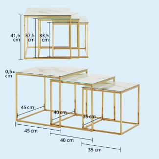 KHG Couchtisch Marmor Optik Weiß Gold 110 x 70 x 45 cm, Wohnzimmertisch eckig Marmortisch rechteckig, 4 Füße Tischplattenstärke 0,5 cm, Belastbar 20 kg, mit Glas beschichtet Beistelltisch